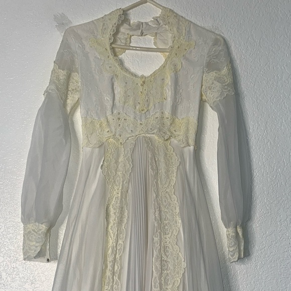 Vintage 1970s Lace Wedding Dress with Sheer Sleeves & Long Train – Boho Bridal - Picture 1 of 6